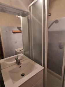 a bathroom with a sink and a shower at Signal du Prorel Briançon Serre Chevalier "QOCLICO" in Briançon +16 photos