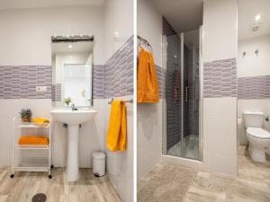 two images of a bathroom with a sink and a shower at Oviedo Puerto in Fuengirola +6 photos