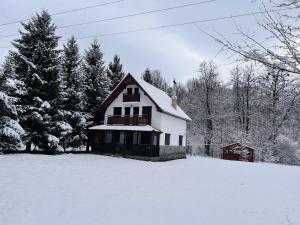 a house covered in snow in a field with trees at ViiLa Cabanuta in Filia