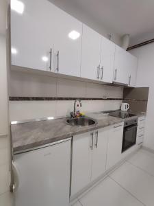 a white kitchen with a sink and a microwave at Apartments S&S in Konjic +19 photos