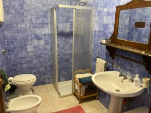 a blue tiled bathroom with a toilet and a sink at Noravilla con piscina fra mare e montagne in Mandra Capreria +13 photos