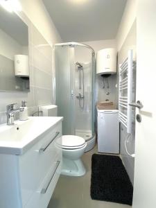 une salle de bain blanche avec douche et toilettes dans l'établissement Apartments TENA with Private Parking, à Pula 66 autres photos