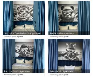 vier foto's van een slaapkamer met een foto van een masker bij Ski Zoo Apartments, new gudauri in Kʼumlistsʼikhe