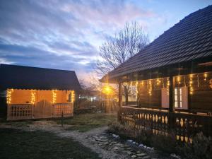 a house with christmas lights on the side of it at Casa cu Lavanda in Petroşani