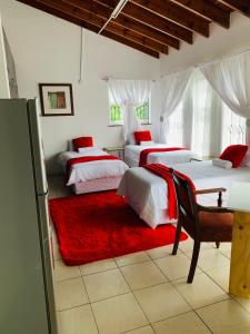 una camera da letto con tre letti e un tappeto rosso di Edladleni Holiday Accomodation a Durban