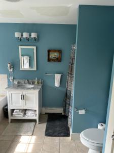 a blue bathroom with a sink and a toilet at Sugar Hill Inn in Sugar Hill