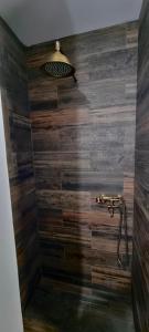 a bathroom with a shower with wooden tiles at Rustic Dreams-Dobolii de Sus in Dobolii de Sus +42 photos