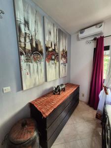 a cat laying on a bench in a room at l'Eden in Saly Portudal