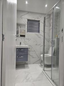 a bathroom with a shower and a sink and a toilet at Luxury and stylish 3 bedroom house or Apartment in Greenhithe - Available for booking as individual Room or as a Whole apartment - 11mins walk to Greenhithe Train Station, 7 mins drive to Bluewater shopping mall in Greenhithe