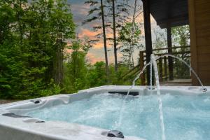 a hot tub with a water fountain in a yard at Chalet La Colline in Labelle