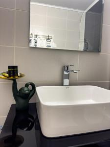 a bathroom with a white sink and a mirror at Zara’s Home Apartaments in Petroşani