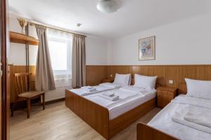 una camera d'albergo con due letti e una sedia di Robert Hotel a Dragobrat