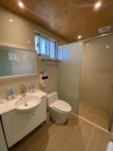 a bathroom with a toilet and a sink and a shower at Lounge away in Taitung City