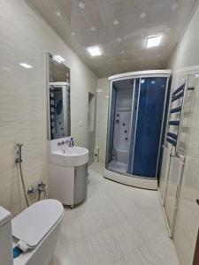 une salle de bain avec toilettes, lavabo et douche dans l'établissement Apartment Formula 1 view, à Baku