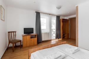 una camera da letto con un letto, una tv e una finestra di Robert Hotel a Dragobrat