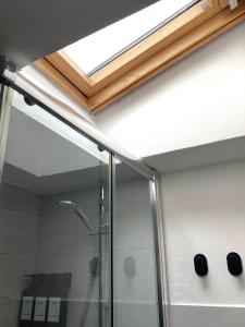 a bathroom with a shower with a skylight at Casa Nina in Turin +12 photos