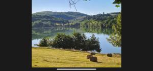 a field with hay bales in the grass next to a lake at Chalet climatisé dans un écrin de verdure in Lissac-sur-Couze