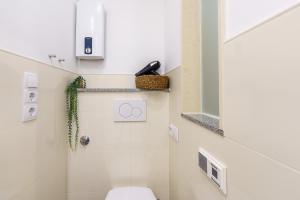 ein Badezimmer mit Toilette und Spiegel in der Unterkunft Apartment mit Wasserblick in Lübeck + 7 Fotos