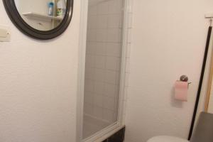 a bathroom with a shower and a mirror and a toilet at SP200-052 Maison 2 pièces mezzanine SAINT PIERRE LA MER in Saint Pierre La Mer +7 photos