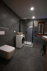 a bathroom with a shower and a washing machine at Villa Encian in Travnik +58 photos
