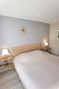 Un dormitorio con una gran cama blanca y dos lámparas. en Verrière & parement en centre-ville, en Épinal