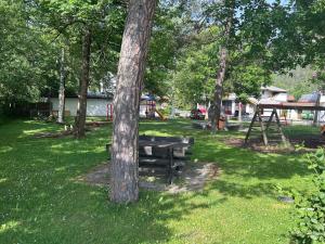 a park with a wooden bench next to a tree at Andys Secret Apartment in Leutasch