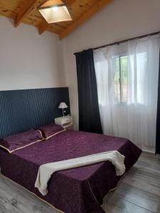 a bedroom with a purple bed and a window at cabañas Saona in Molinari