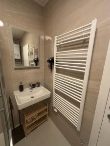 a bathroom with a sink and a mirror at Apartman Pinea in Samobor