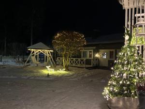a christmas tree and a gazebo in front of a building at Aurora Center 3 in Rovaniemi