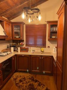 a kitchen with wooden cabinets and a sink at MHome AGIOS ATHANASIOS in Palaios Agios Athanasios
