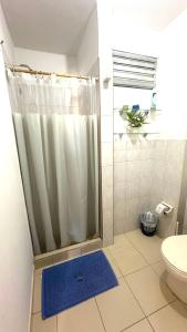 a bathroom with a shower and a blue rug at María Hosting 304 in Santa Marta