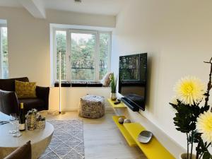 a living room with a couch and a tv at Ferienwohnung Ruhepol im Haus Zudar Prora in Binz