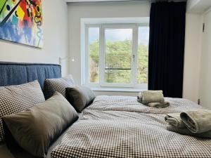 a bed in a room with a window at Ferienwohnung Ruhepol im Haus Zudar Prora in Binz