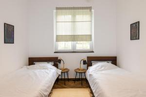 two beds in a room with a window at Gora Apartments 3 in Vrdnik