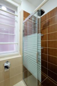 uma cabina de duche em vidro numa casa de banho com uma janela em M&M Downtown Apartment em Belgrado