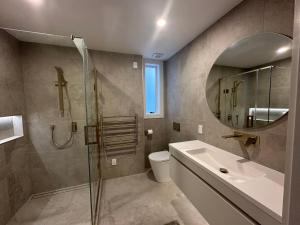 a bathroom with a shower and a sink and a mirror at Beautiful Lakeview Apartment in Taupo +13 photos