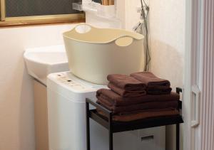 ein Badezimmer mit einer Waschmaschine mit Handtüchern darauf in der Unterkunft Lido Urayasu in Tokio + 120 Fotos
