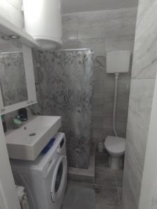 bagno con lavatrice e servizi igienici di Una Studio Apartman a Sombor Altre 6 foto