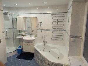 a bathroom with a tub and a sink and a shower at FeWo-Roman in Munster im Heidekreis +17 photos