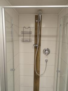 eine Dusche in einem Badezimmer mit einer Glastür in der Unterkunft Haus Mitterstang in Bischofswiesen