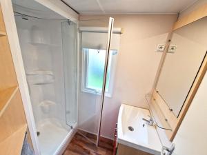 a bathroom with a shower and a sink at Traum Mobile Home beim Europa-Park mit Wi-Fi und Klimaanlage in Boofzheim +15 photos