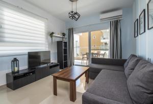 a living room with a couch and a television at Aurelius Apartments in Caesar Resort & SPA, Long Beach in Perivolia tou Trikomou
