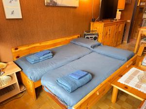 two beds with blue pillows on them in a room at Family Chalet in Pila, Comfort and Fun in Pila