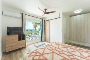 a bedroom with a bed and a tv and a window at Le PARADIS BLEU VUE MER in Saint-François