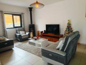 Una sala de estar con un árbol de Navidad y un televisor. en Villa ALAMANDA - Les Emeraudes du Guillaume, en Saint-Paul