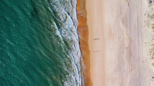 an overhead view of the beach and the ocean at Trafalgar Polo Club in El Palmar