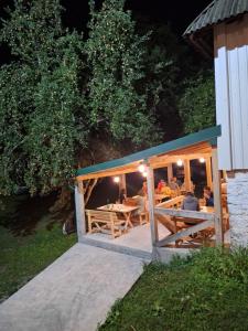 a group of people sitting at a restaurant at night at Vila Montana in Dobrilovina