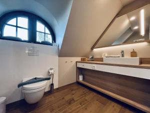 Un baño con inodoro, lavabo y ventana. en Ferienhaus Mee h r Zeit 07 Feriendorf Klein Stresow Rügen by ruyastay, en Putbus