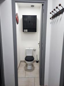 a bathroom with a toilet with a black seat at L'escapade d'Henry Dunant in Épernay +9 photos