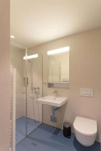 a bathroom with a sink and a toilet and a shower at HITrental Town Hall Apartments in Basel +4 photos